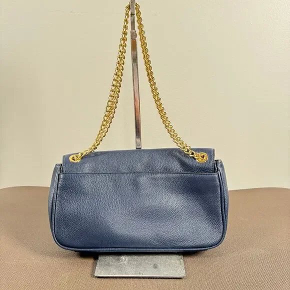 Michael Kors Women's Jet Set Chain Leather Small Shoulder Flap Navy Blue Bag - Picture 8 of 11